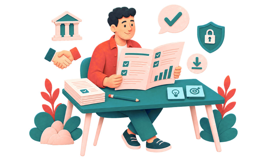 Illustration: Strukturierte Businessplan Vorlage mit Arbeitsblättern, Tipps und Datenschutz