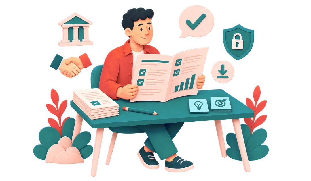 Illustration: Strukturierte Businessplan Vorlage mit Arbeitsblättern, Tipps und Datenschutz